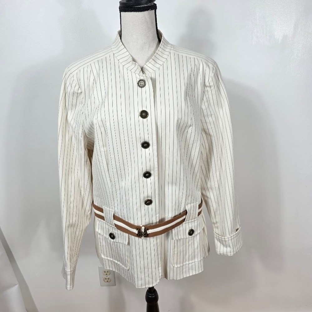 QVC DIALOGUE Pinstripe‎ Button Front Belted Blazer Jacket Womens Size 14 New